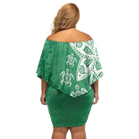 Polynesia Family Matching Off Shoulder Short Dress and Hawaiian Shirt Green Tribal Turtle Floral Pattern