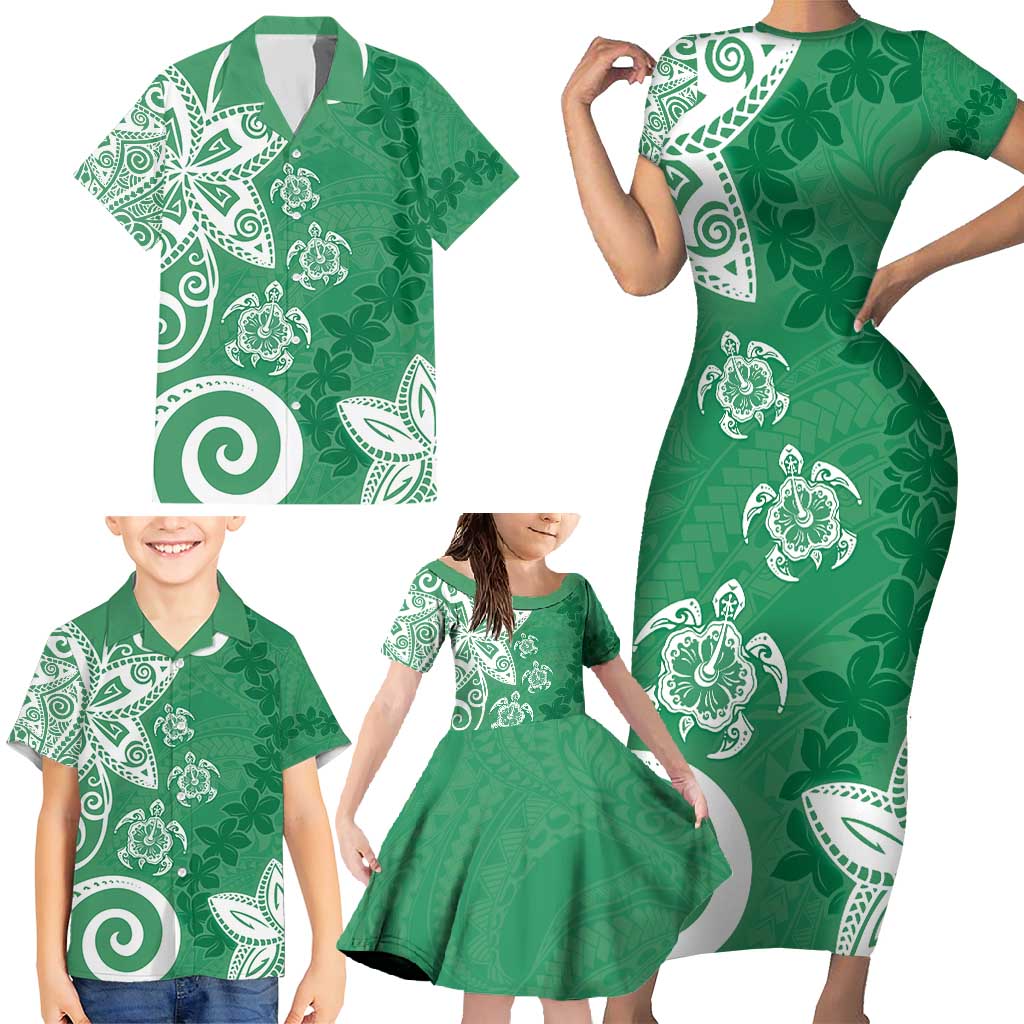 Polynesia Family Matching Short Sleeve Bodycon Dress and Hawaiian Shirt Green Tribal Turtle Floral Pattern