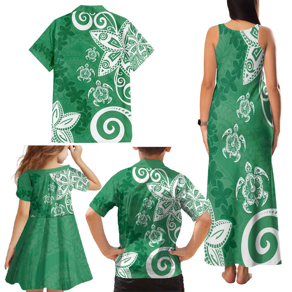 Polynesia Family Matching Tank Maxi Dress and Hawaiian Shirt Green Tribal Turtle Floral Pattern