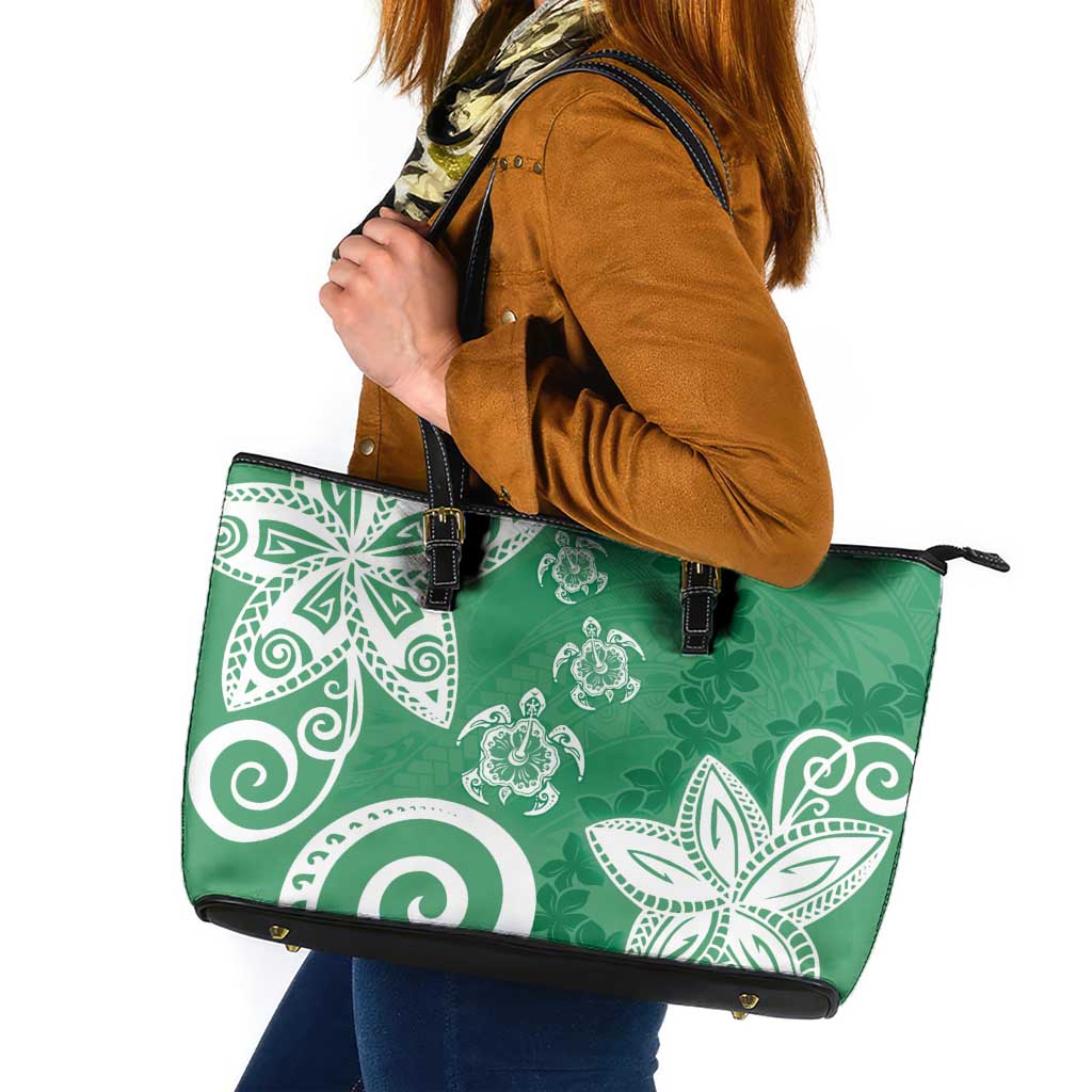 Polynesia Leather Tote Bag Green Tribal Turtle Floral Pattern LT05 Green - Polynesian Pride
