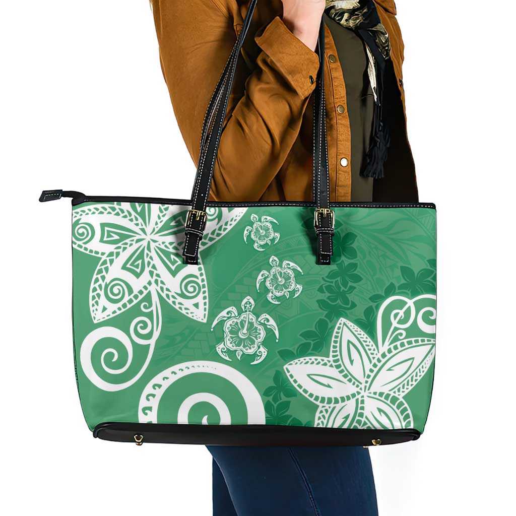Polynesia Leather Tote Bag Green Tribal Turtle Floral Pattern LT05 - Polynesian Pride