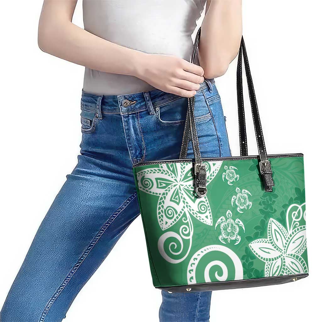 Polynesia Leather Tote Bag Green Tribal Turtle Floral Pattern LT05 - Polynesian Pride