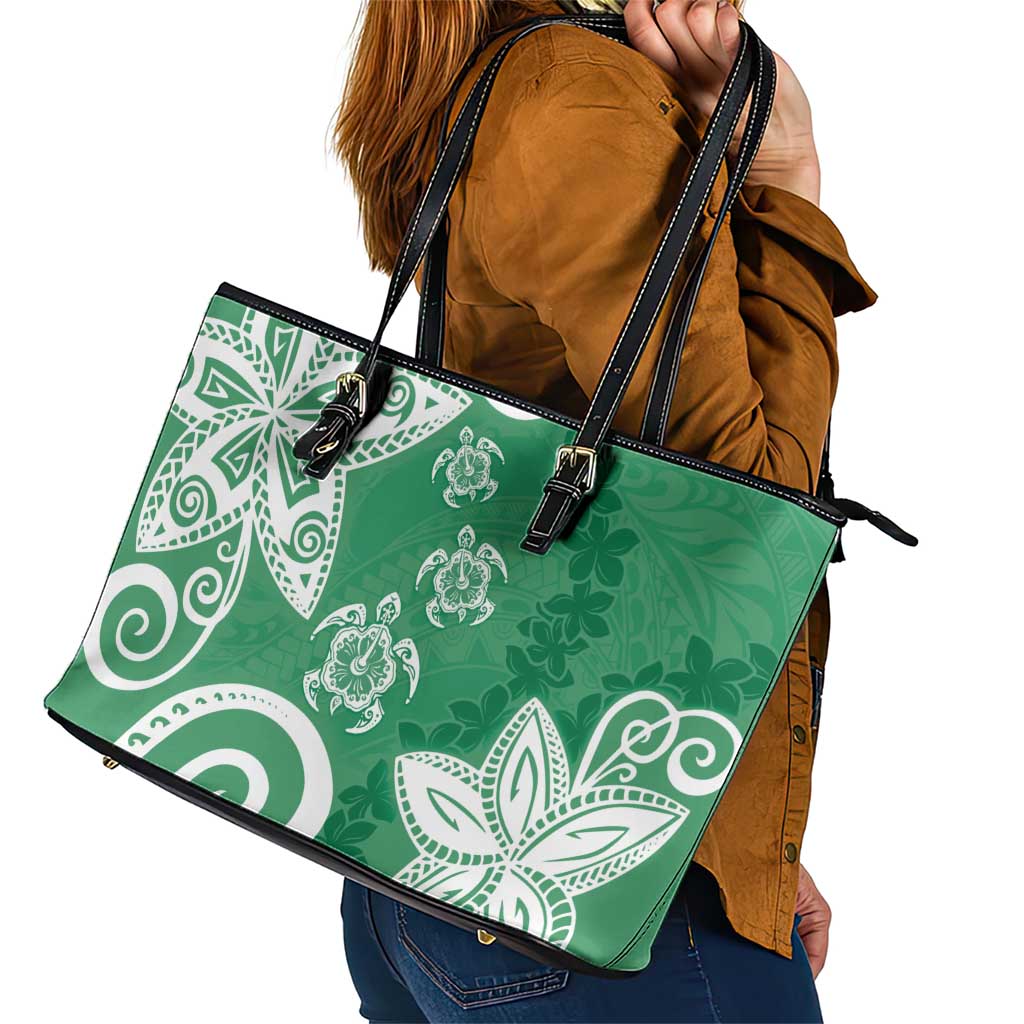 Polynesia Leather Tote Bag Green Tribal Turtle Floral Pattern LT05 - Polynesian Pride