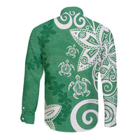 Polynesia Long Sleeve Button Shirt Green Tribal Turtle Floral Pattern