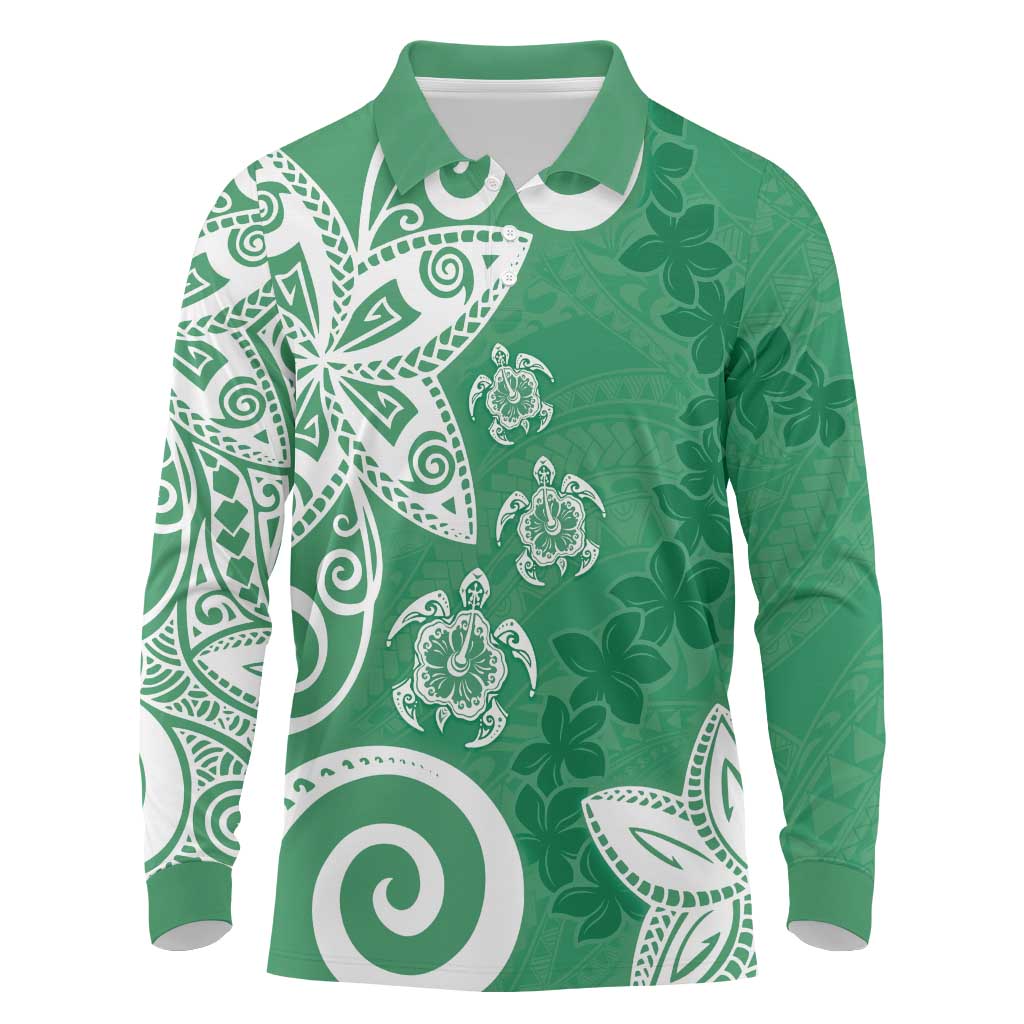 Polynesia Long Sleeve Polo Shirt Green Tribal Turtle Floral Pattern