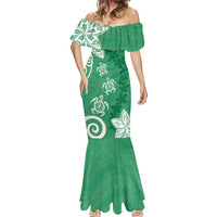 Polynesia Mermaid Dress Green Tribal Turtle Floral Pattern