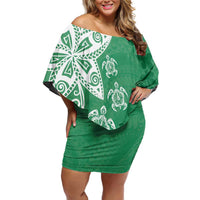 Polynesia Off Shoulder Short Dress Green Tribal Turtle Floral Pattern LT05 Women Green - Polynesian Pride