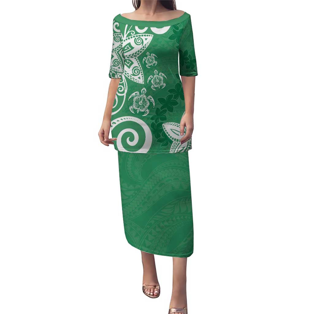 Polynesia Puletasi Green Tribal Turtle Floral Pattern LT05 Long Dress Green - Polynesian Pride