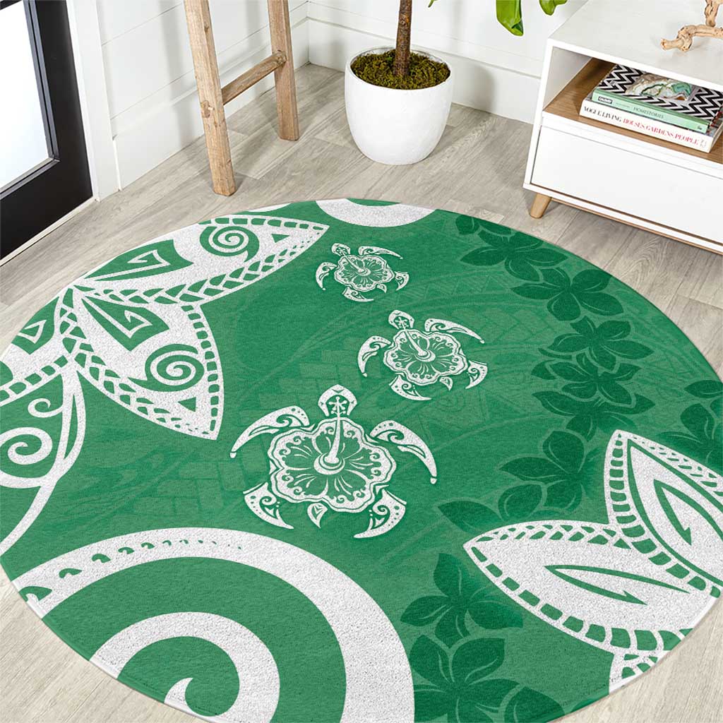 Polynesia Round Carpet Green Tribal Turtle Floral Pattern