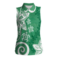 Polynesia Women Sleeveless Polo Shirt Green Tribal Turtle Floral Pattern