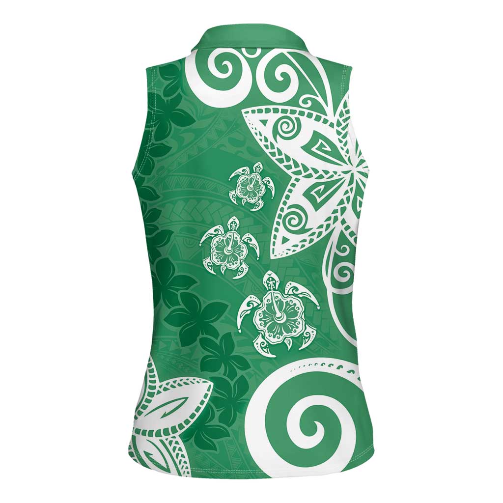 Polynesia Women Sleeveless Polo Shirt Green Tribal Turtle Floral Pattern