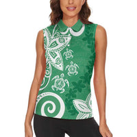 Polynesia Women Sleeveless Polo Shirt Green Tribal Turtle Floral Pattern
