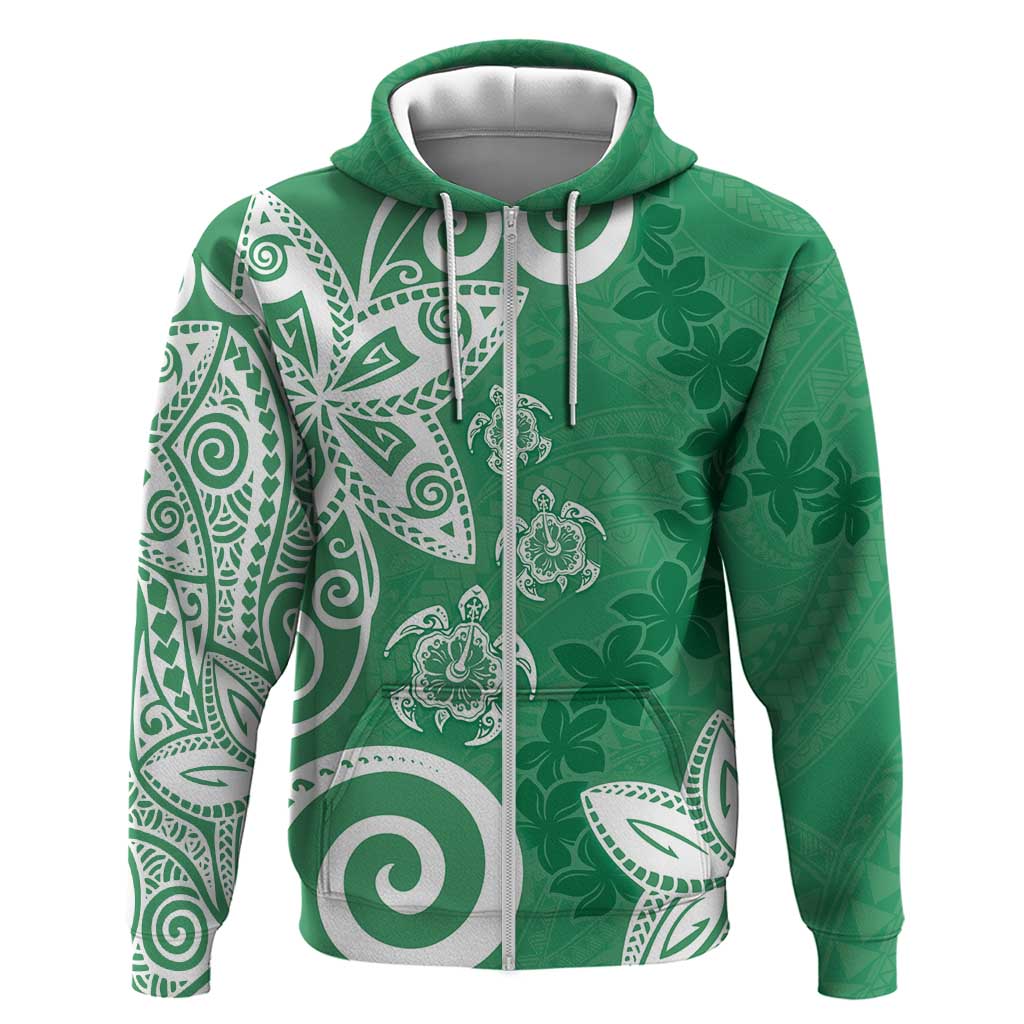 Polynesia Zip Hoodie Green Tribal Turtle Floral Pattern