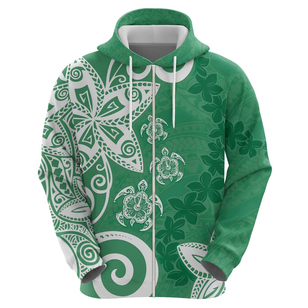 Polynesia Zip Hoodie Green Tribal Turtle Floral Pattern