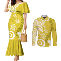 Polynesia Couples Matching Mermaid Dress and Long Sleeve Button Shirt Yellow Tribal Turtle Floral Pattern LT05 Yellow - Polynesian Pride