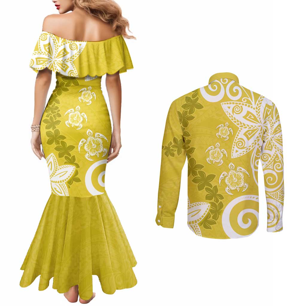 Polynesia Couples Matching Mermaid Dress and Long Sleeve Button Shirt Yellow Tribal Turtle Floral Pattern LT05 - Polynesian Pride