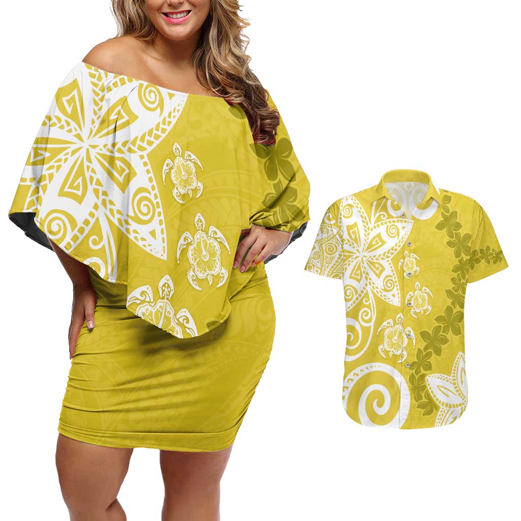 Polynesia Couples Matching Off Shoulder Short Dress and Hawaiian Shirt Yellow Tribal Turtle Floral Pattern LT05 Yellow - Polynesian Pride