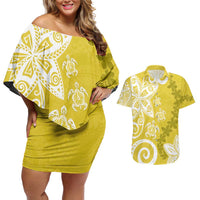 Polynesia Couples Matching Off Shoulder Short Dress and Hawaiian Shirt Yellow Tribal Turtle Floral Pattern LT05 Yellow - Polynesian Pride