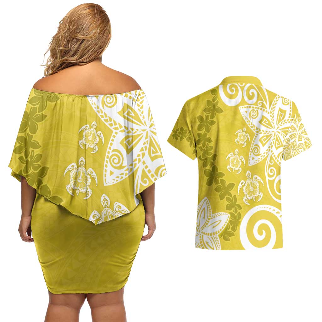 Polynesia Couples Matching Off Shoulder Short Dress and Hawaiian Shirt Yellow Tribal Turtle Floral Pattern LT05 - Polynesian Pride