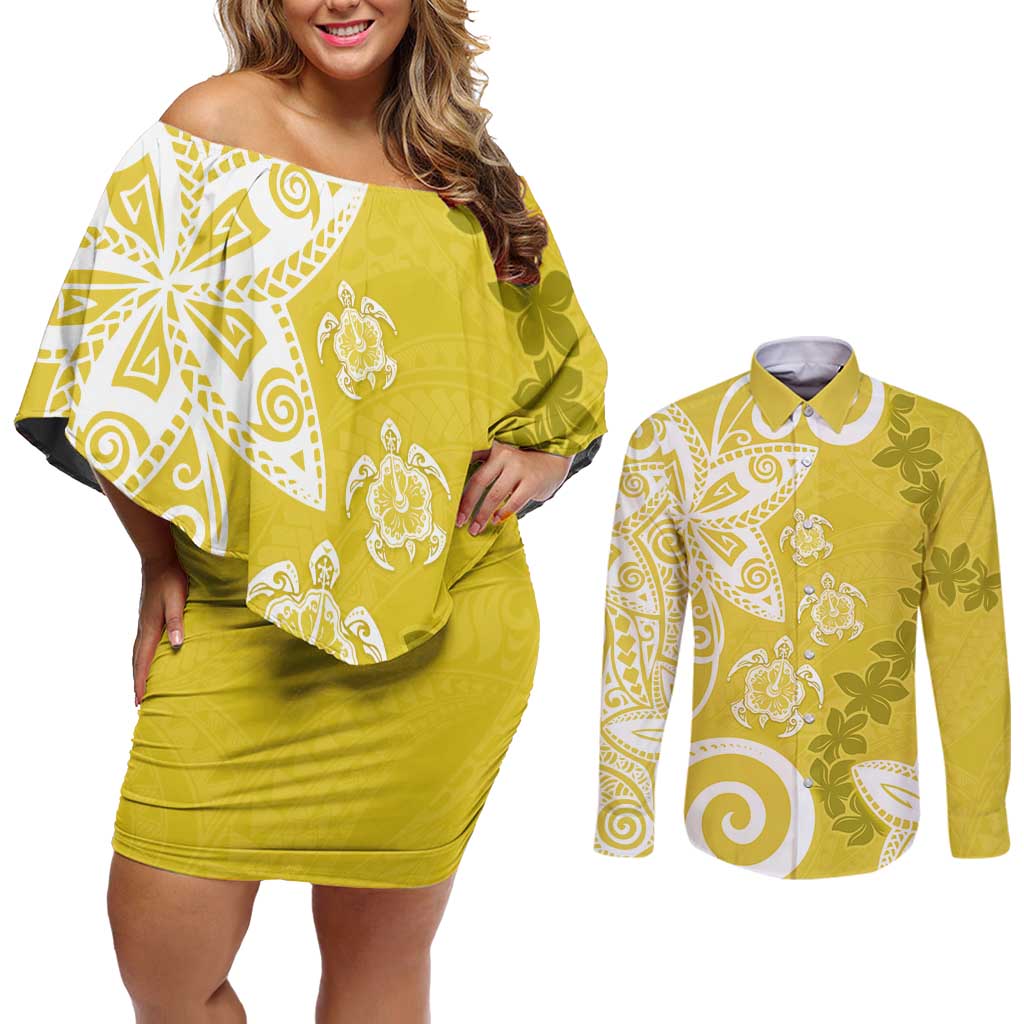 Polynesia Couples Matching Off Shoulder Short Dress and Long Sleeve Button Shirt Yellow Tribal Turtle Floral Pattern LT05 Yellow - Polynesian Pride