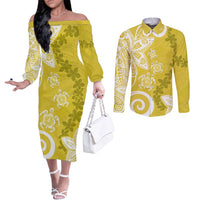Polynesia Couples Matching Off The Shoulder Long Sleeve Dress and Long Sleeve Button Shirt Yellow Tribal Turtle Floral Pattern LT05 Yellow - Polynesian Pride