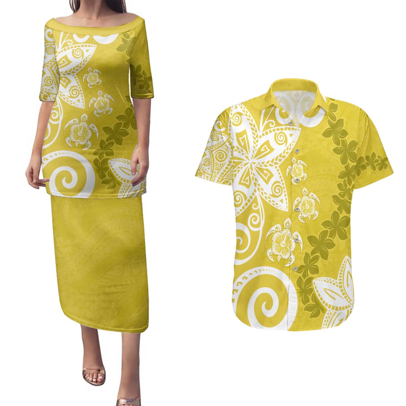 Polynesia Couples Matching Puletasi and Hawaiian Shirt Yellow Tribal Turtle Floral Pattern LT05 Yellow - Polynesian Pride