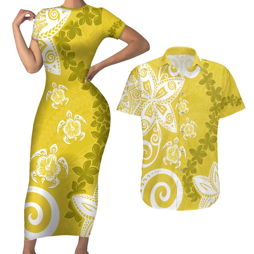Polynesia Couples Matching Short Sleeve Bodycon Dress and Hawaiian Shirt Yellow Tribal Turtle Floral Pattern LT05 Yellow - Polynesian Pride