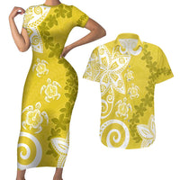 Polynesia Couples Matching Short Sleeve Bodycon Dress and Hawaiian Shirt Yellow Tribal Turtle Floral Pattern LT05 Yellow - Polynesian Pride