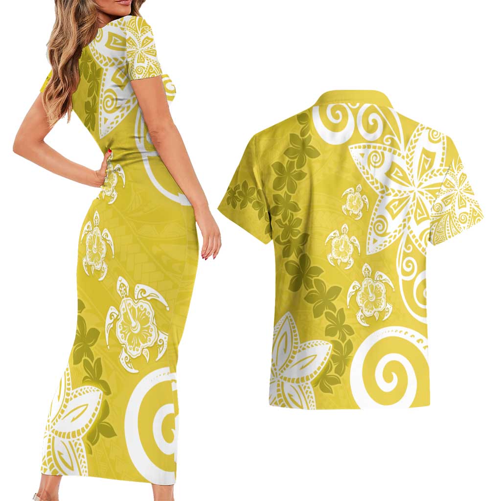 Polynesia Couples Matching Short Sleeve Bodycon Dress and Hawaiian Shirt Yellow Tribal Turtle Floral Pattern LT05 - Polynesian Pride