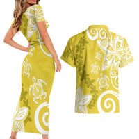Polynesia Couples Matching Short Sleeve Bodycon Dress and Hawaiian Shirt Yellow Tribal Turtle Floral Pattern LT05 - Polynesian Pride