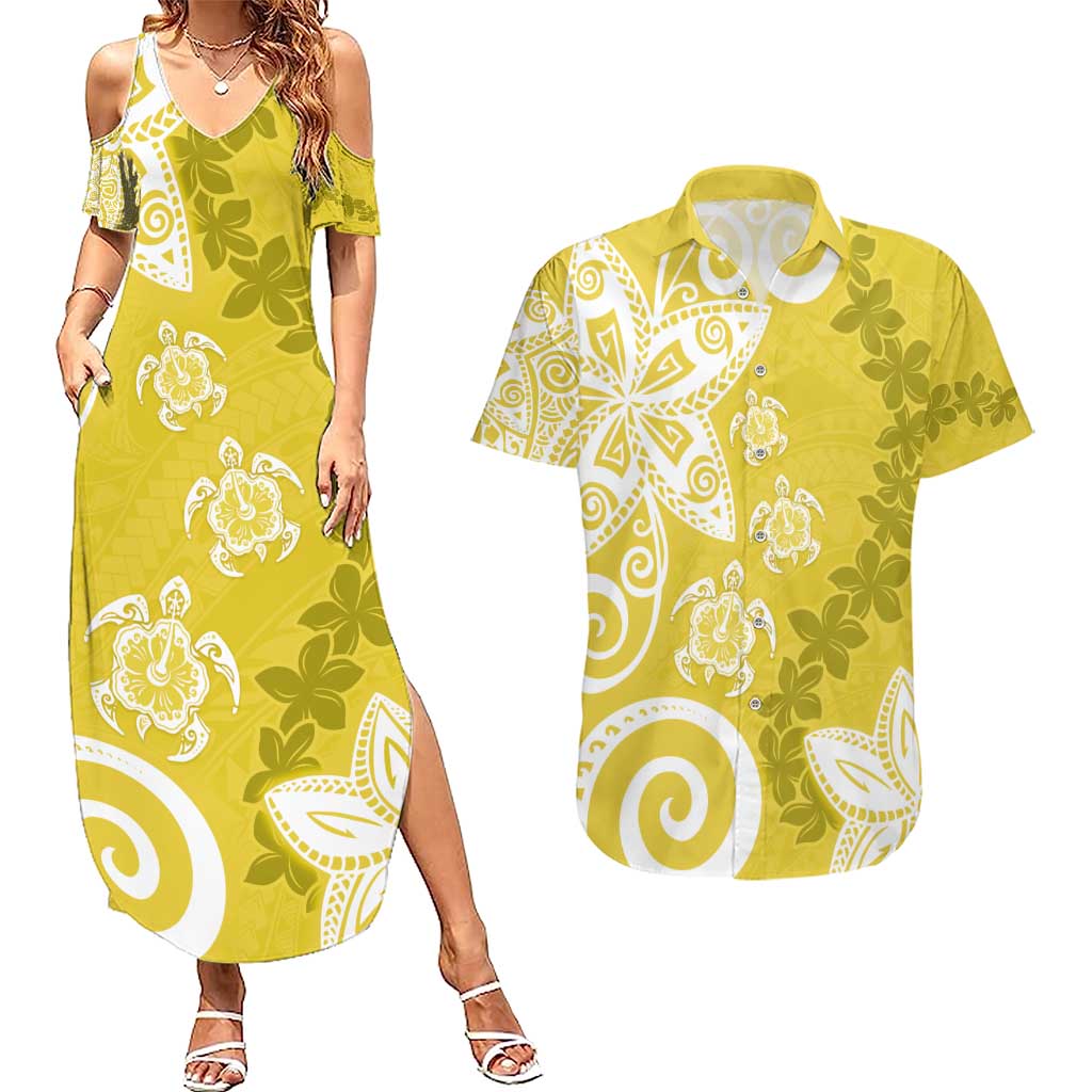 Polynesia Couples Matching Summer Maxi Dress and Hawaiian Shirt Yellow Tribal Turtle Floral Pattern LT05 Yellow - Polynesian Pride