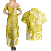Polynesia Couples Matching Summer Maxi Dress and Hawaiian Shirt Yellow Tribal Turtle Floral Pattern LT05 - Polynesian Pride