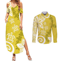 Polynesia Couples Matching Summer Maxi Dress and Long Sleeve Button Shirt Yellow Tribal Turtle Floral Pattern LT05 Yellow - Polynesian Pride