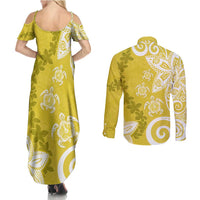 Polynesia Couples Matching Summer Maxi Dress and Long Sleeve Button Shirt Yellow Tribal Turtle Floral Pattern LT05 - Polynesian Pride