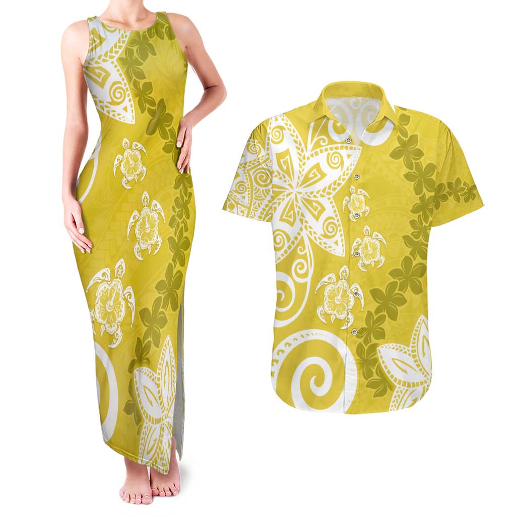 Polynesia Couples Matching Tank Maxi Dress and Hawaiian Shirt Yellow Tribal Turtle Floral Pattern LT05 Yellow - Polynesian Pride