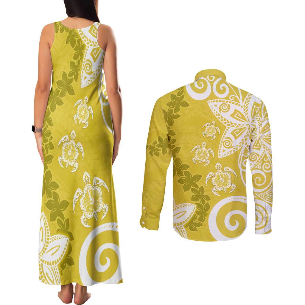 Polynesia Couples Matching Tank Maxi Dress and Long Sleeve Button Shirt Yellow Tribal Turtle Floral Pattern LT05 - Polynesian Pride