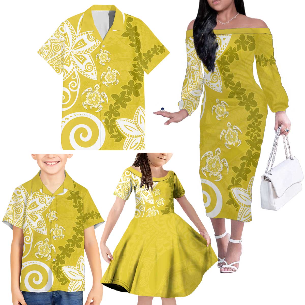 Polynesia Family Matching Off The Shoulder Long Sleeve Dress and Hawaiian Shirt Yellow Tribal Turtle Floral Pattern