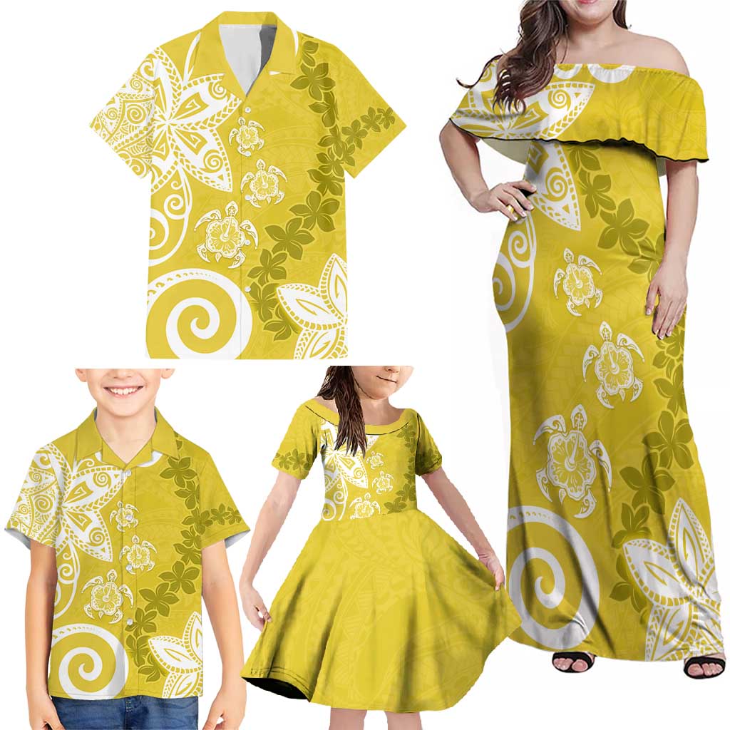 Polynesia Family Matching Off Shoulder Maxi Dress and Hawaiian Shirt Yellow Tribal Turtle Floral Pattern