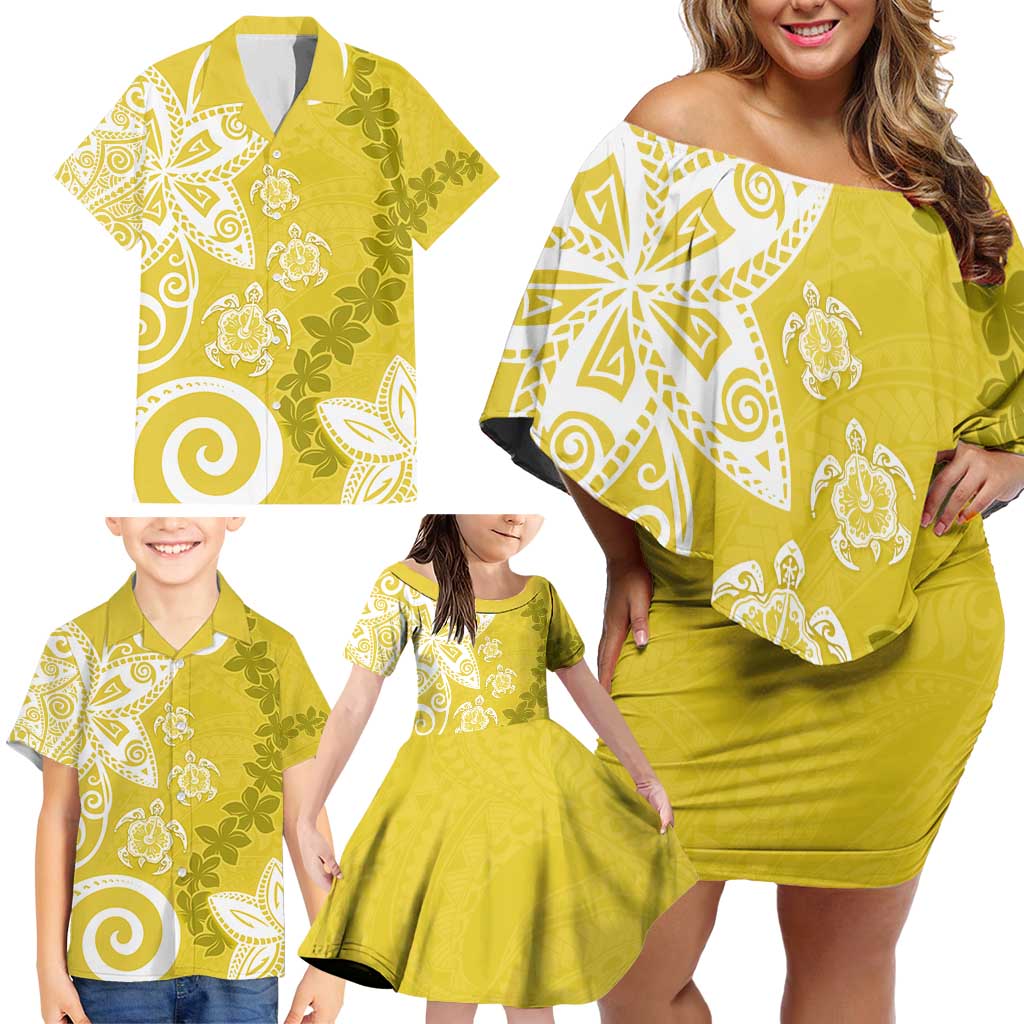 Polynesia Family Matching Off Shoulder Short Dress and Hawaiian Shirt Yellow Tribal Turtle Floral Pattern