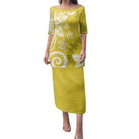 Polynesia Family Matching Puletasi and Hawaiian Shirt Yellow Tribal Turtle Floral Pattern