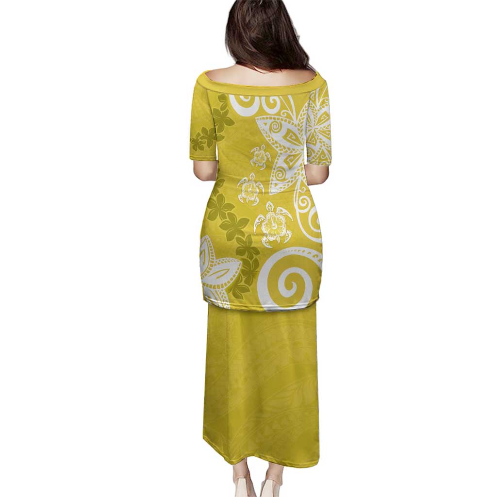 Polynesia Family Matching Puletasi and Hawaiian Shirt Yellow Tribal Turtle Floral Pattern