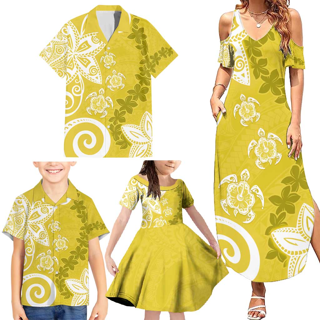 Polynesia Family Matching Summer Maxi Dress and Hawaiian Shirt Yellow Tribal Turtle Floral Pattern