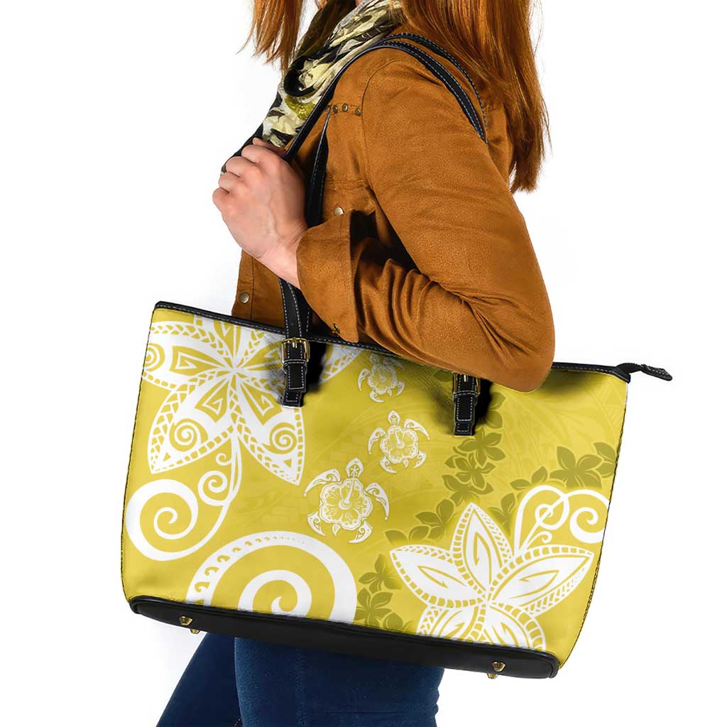 Polynesia Leather Tote Bag Yellow Tribal Turtle Floral Pattern LT05 Yellow - Polynesian Pride
