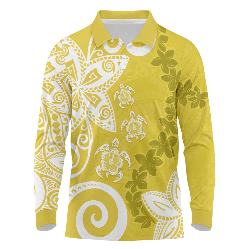 Polynesia Long Sleeve Polo Shirt Yellow Tribal Turtle Floral Pattern