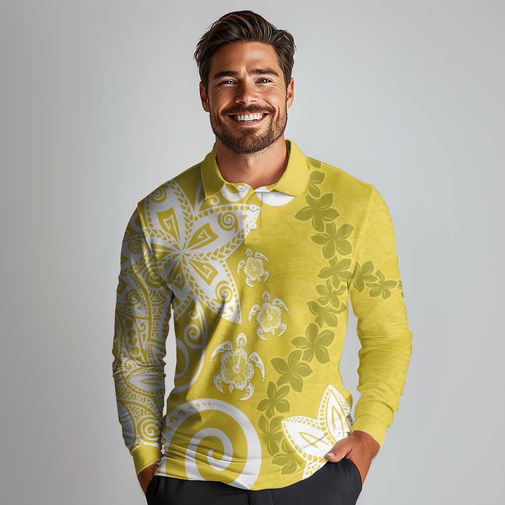 Polynesia Long Sleeve Polo Shirt Yellow Tribal Turtle Floral Pattern