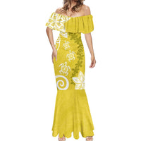 Polynesia Mermaid Dress Yellow Tribal Turtle Floral Pattern
