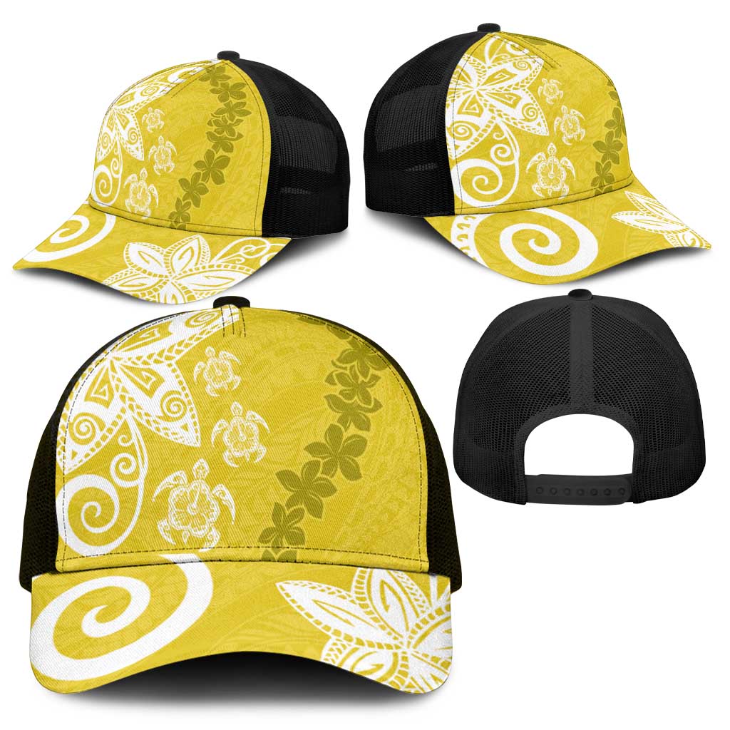 Polynesia Mesh Trucker Cap Yellow Tribal Turtle Floral Pattern - Polynesian Pride