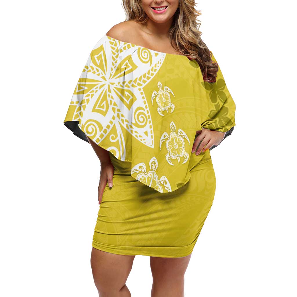 Polynesia Off Shoulder Short Dress Yellow Tribal Turtle Floral Pattern LT05 Women Yellow - Polynesian Pride