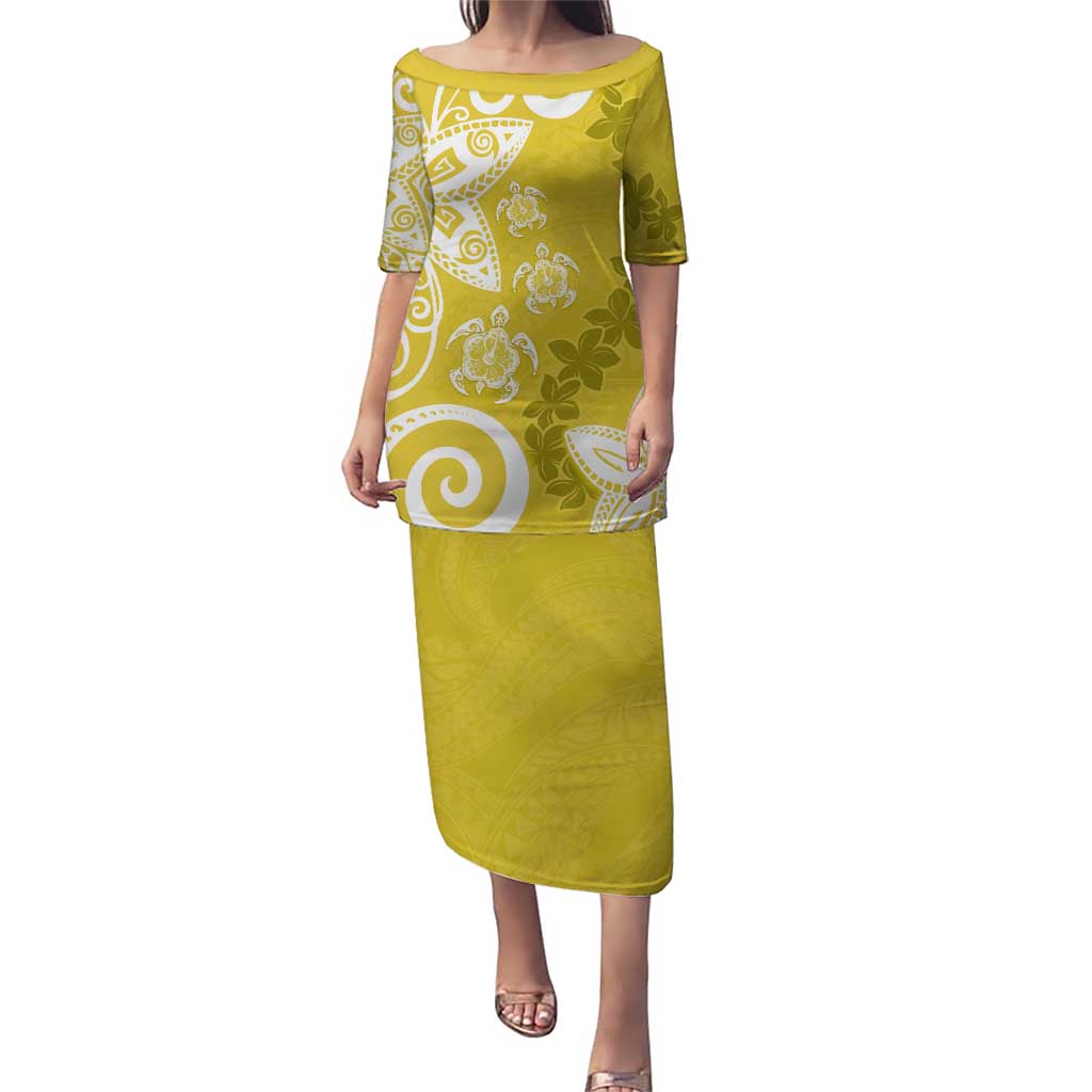 Polynesia Puletasi Yellow Tribal Turtle Floral Pattern LT05 Long Dress Yellow - Polynesian Pride