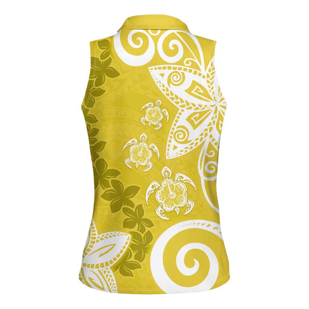 Polynesia Women Sleeveless Polo Shirt Yellow Tribal Turtle Floral Pattern